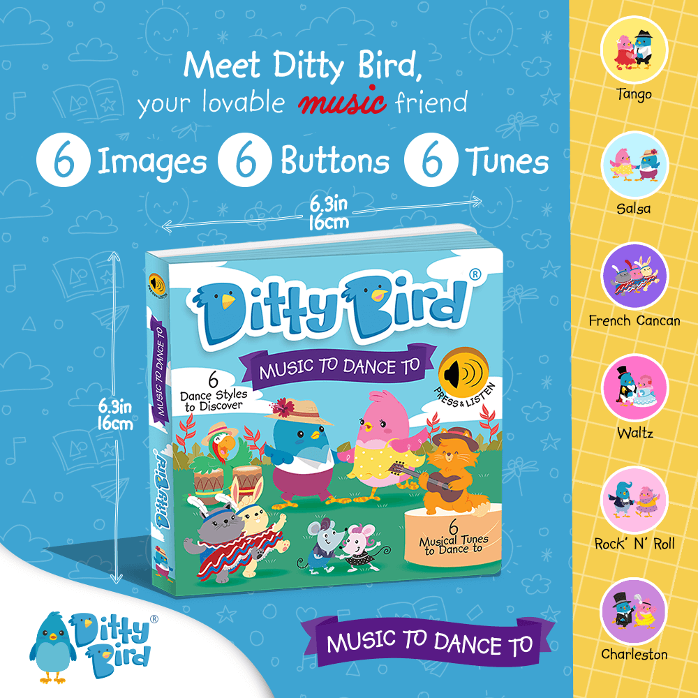 The Ditty Bird "Music to Dance To" interactive book cover shows cartoon birds dancing, with 6 dance tunes like Tango, Salsa, and Waltz. Each tune has its own image and button for music and movement fun.