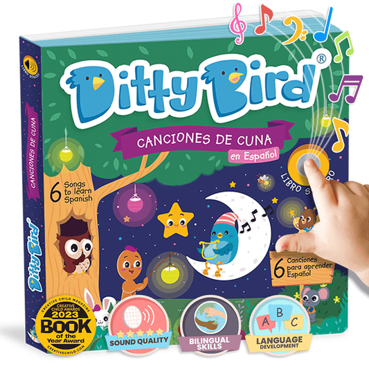 Ditty Bird Canciones de Cuna en Español, Spanish toys for babies and Spanish learning toys for toddlers 1-3, includes 6 songs in spanish. A must-have among bilingual toys for toddlers 1-3!