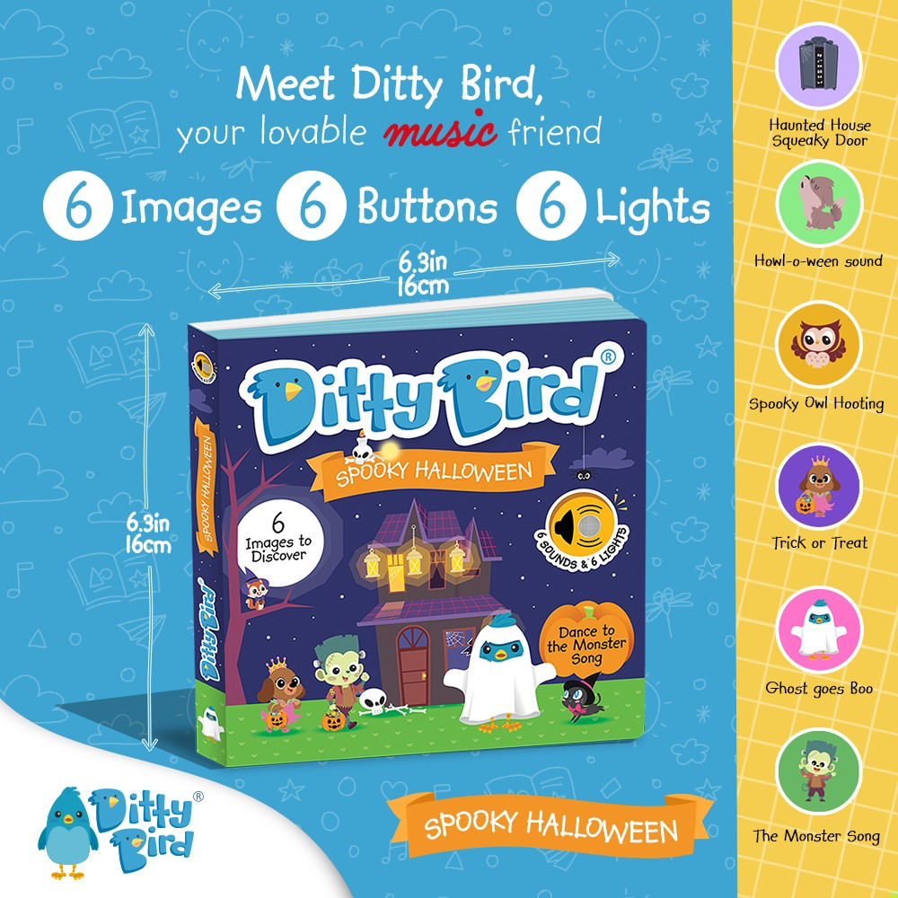 List of the sounds included in Ditty Bird Halloween musical book, great halloween gift for baby 1-3. 