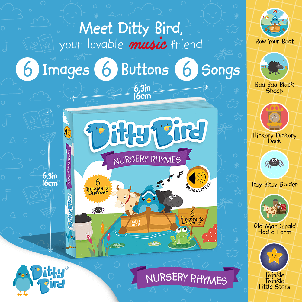 List of Songs in Ditty Bird Nursery Rhymes, includes Old Mac Donald had a farm, Twinkle little Star, Itsy Bitsy Spider and more. Perfect gift or baby and toddler.