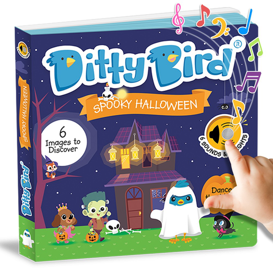 A colorful board book titled 'Ditty Bird Spooky Halloween' featuring illustrations of Halloween characters and a child's hand pressing a sound button on the book.