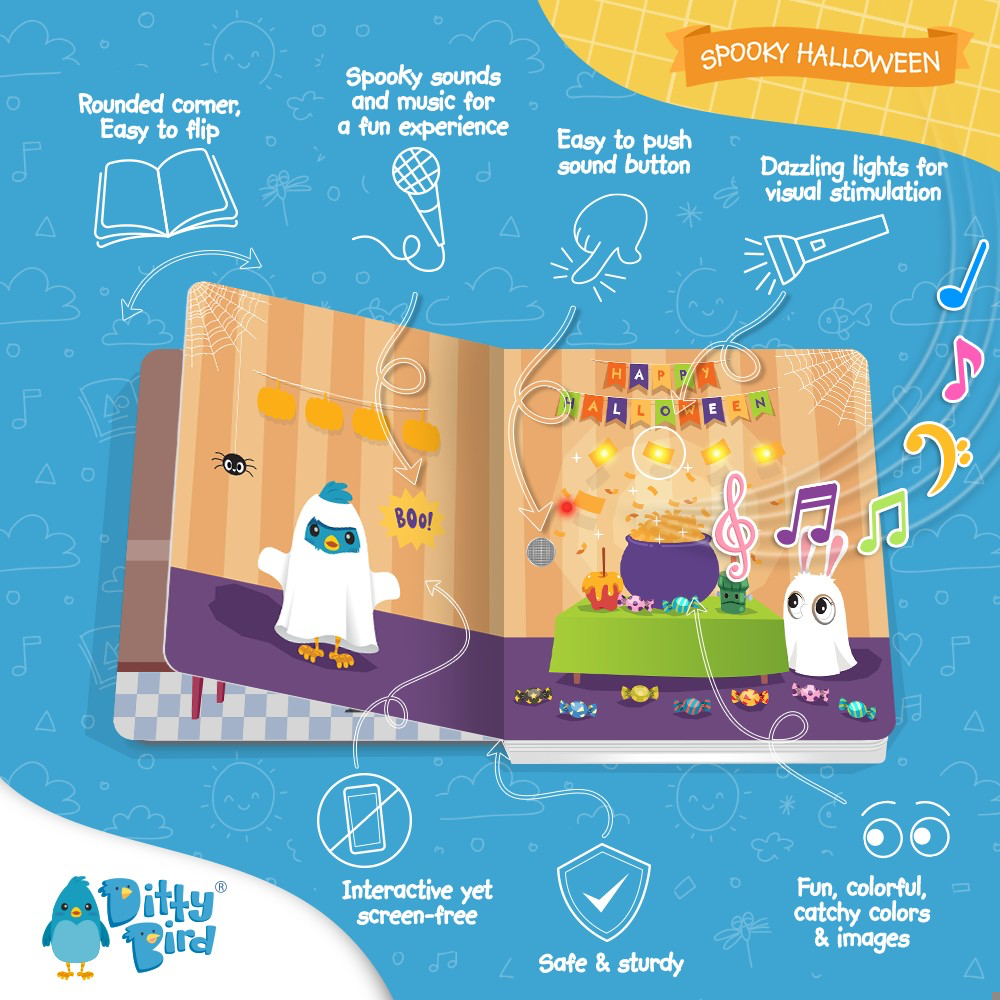The Ditty Bird NEW! Spooky Halloween sound book features cartoon birds as ghosts, festive decor, party lights, and interactive sound and light buttons—perfect for trick-or-treaters who love spooky sounds and fun Halloween surprises.